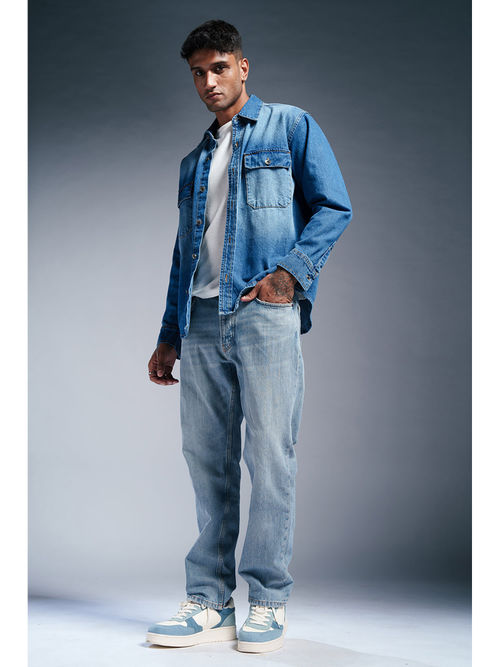 Buy FREAKINS Azure Splash Blue Mens Denim Jacket Online
