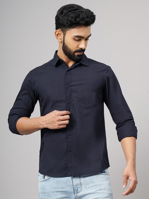 Greenfibre Navy Blue Cotton Solid Slim Fit Casual Shirt