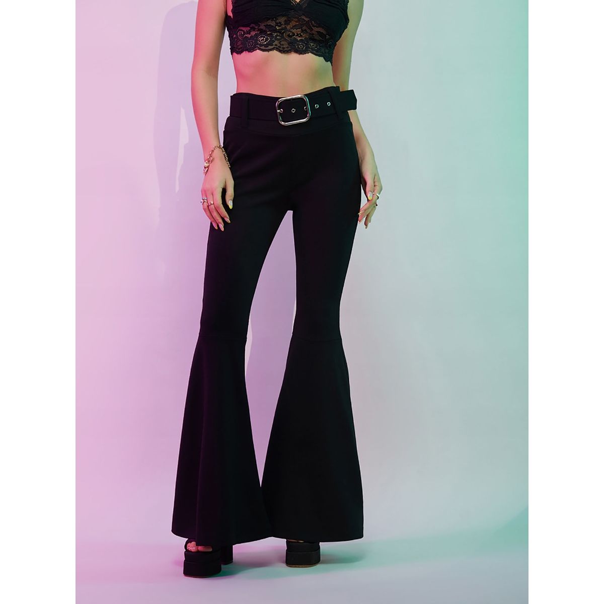 Buy Nykd by Nykaa High Waisted Flared Pants- NYAT234 Jet Black Online