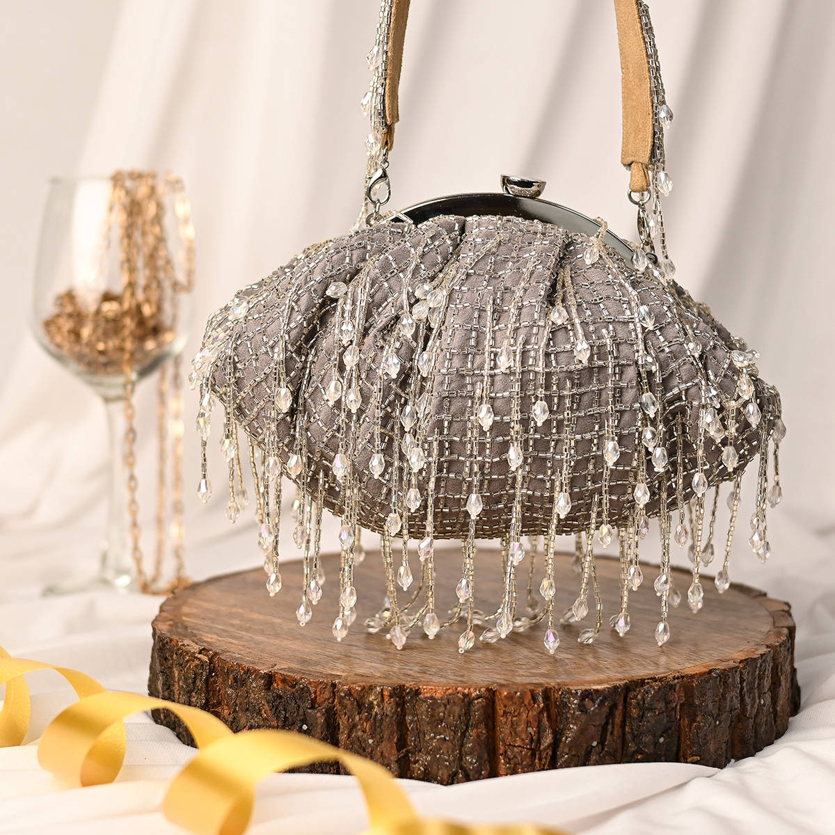 sugarcrush Grey Soft Pouch Pearl Tassel with Handle
