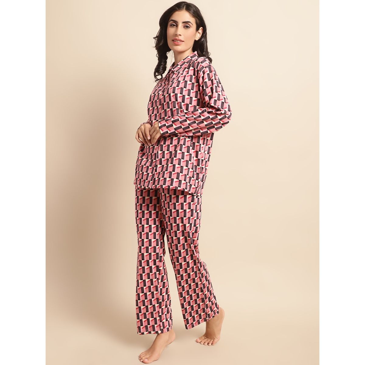 Buy Kanvin Pink Geometric Printed Modal Night Suit (Set of 2) Online