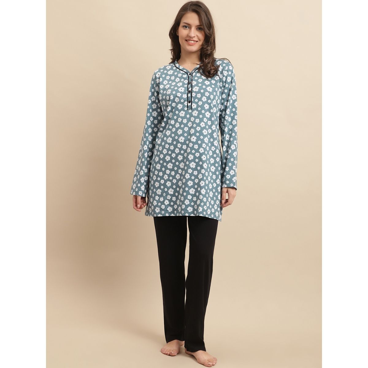 Babyhug Cotton Knit Full Peasant Sleeves Floral Printed Night Suit - Navy Blue
