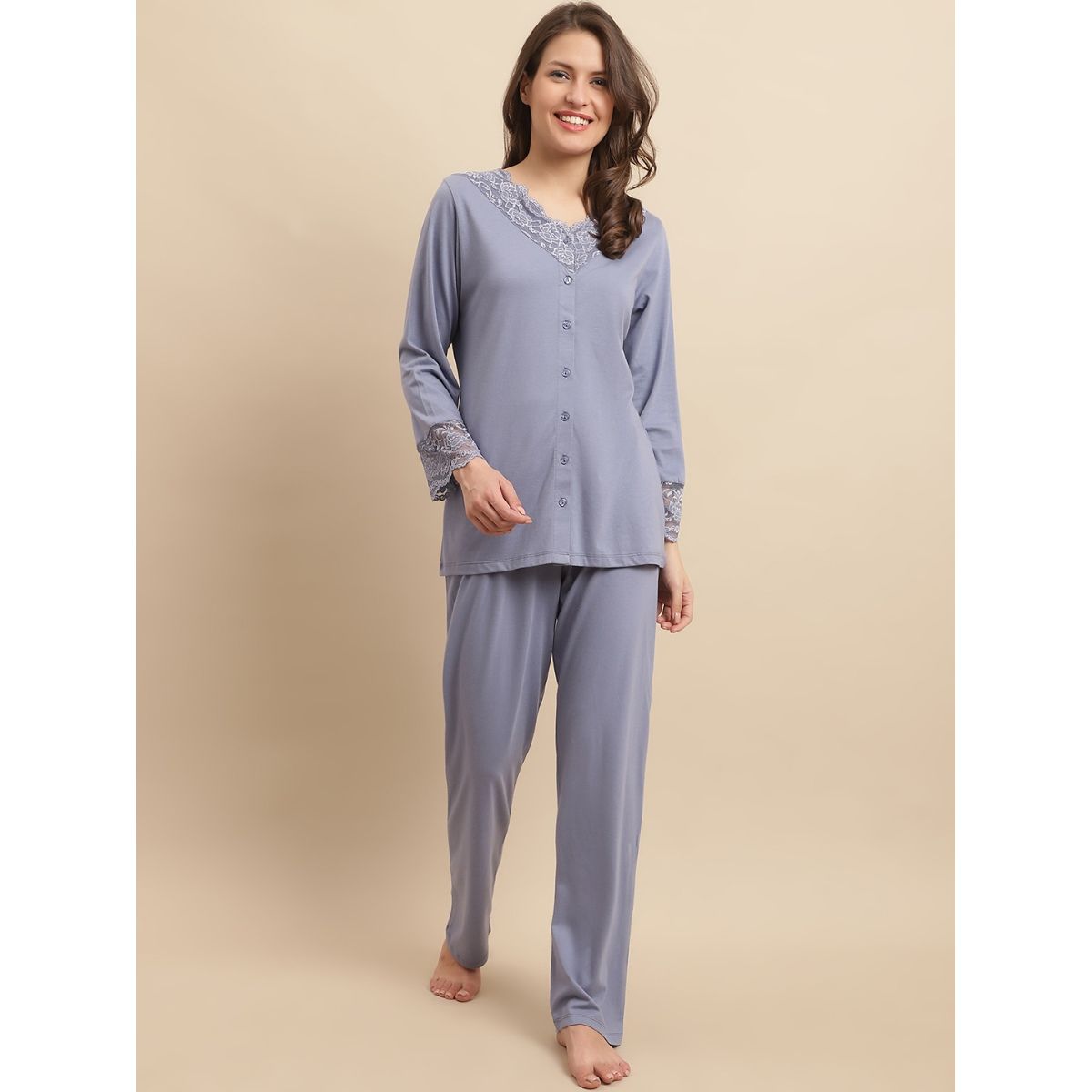 Buy Kanvin Blue V neck Long Sleeves Night Suits Set of 2 Online