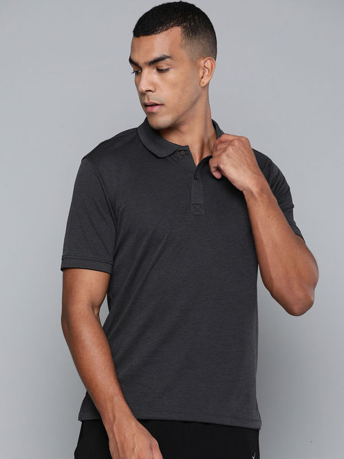 Buy Alcis Men Charcoal Grey Solid Polo Collar Polo T-Shirt Online