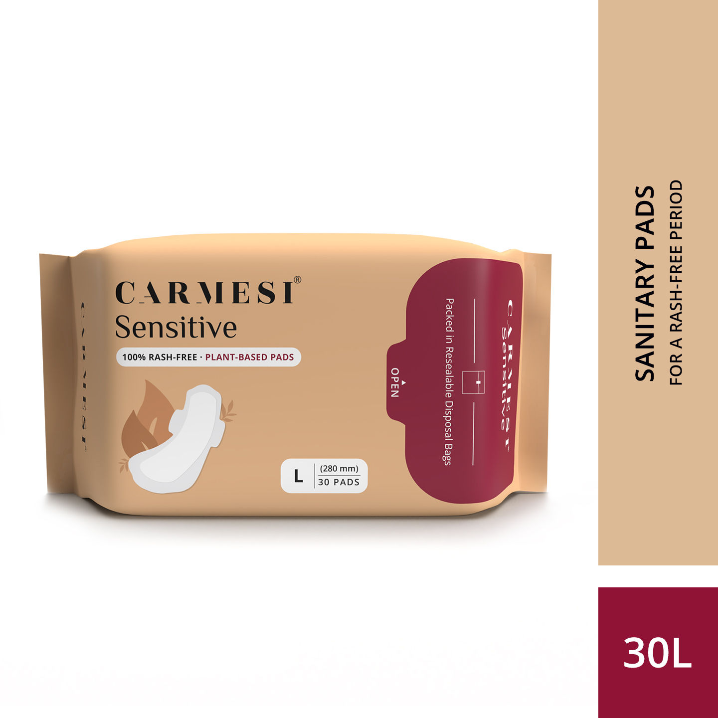 Carmesi Sensitive Sanitary Pads - 30 L - Certified 100% Rash-Free - With Disposal Bags