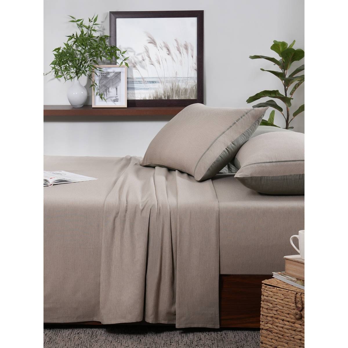 Maspar Cotsmere Pin Stripe Chameleon Green Melange King Bed Sheet with Pillow Cover