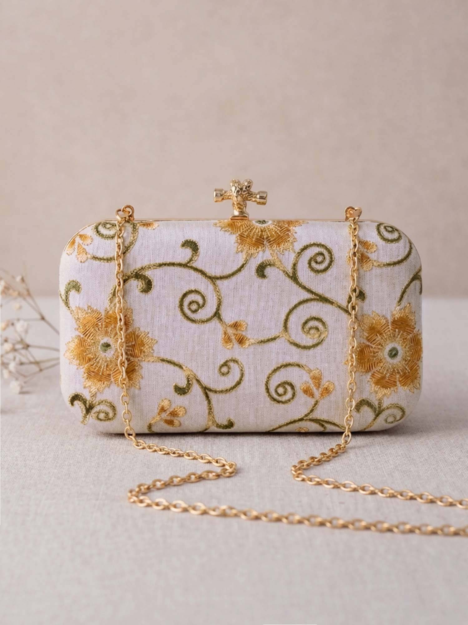 ARTKLIM Elegant White Floral Embroidered Clutch for Women with Detachable Strap