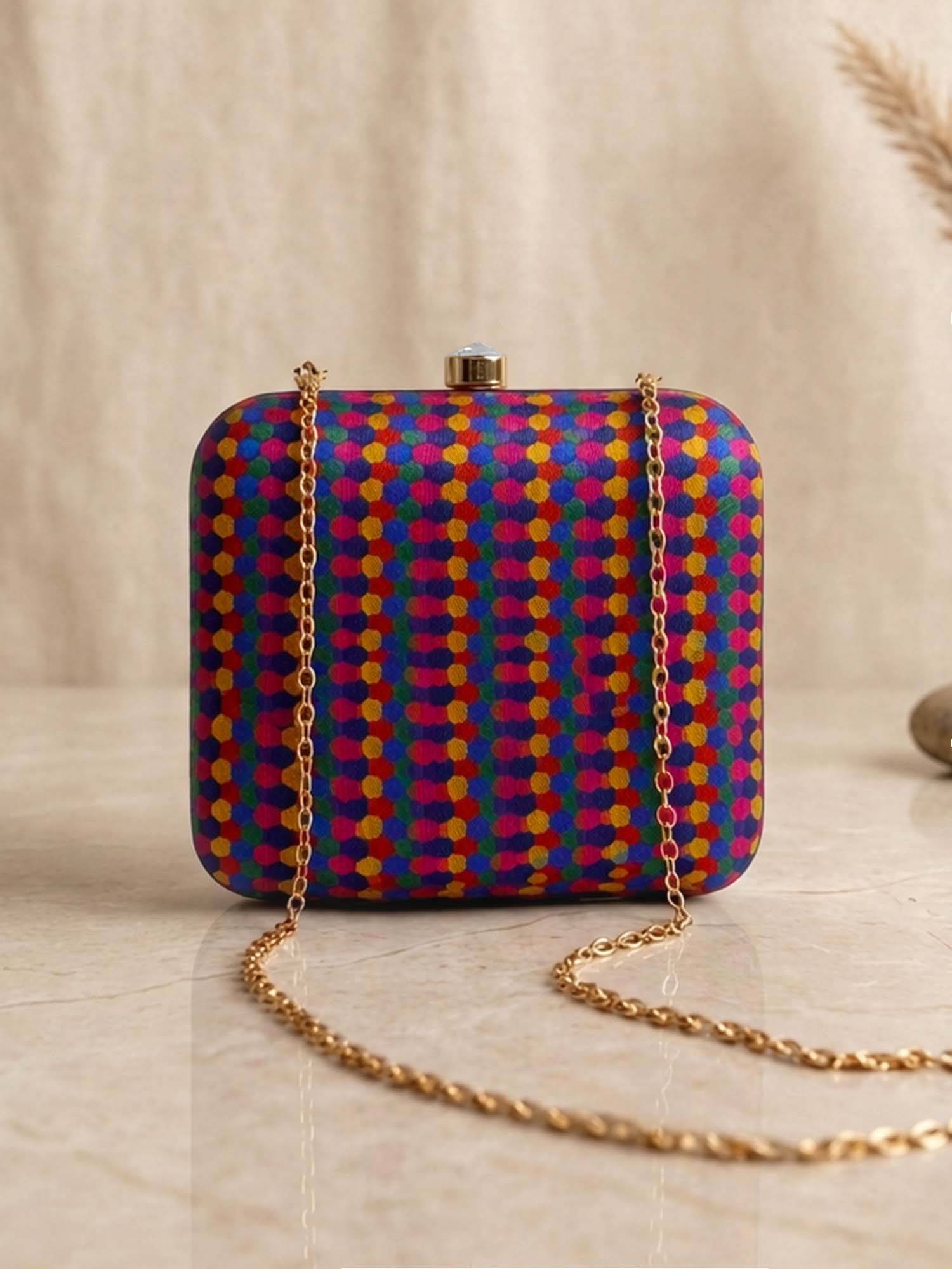 ARTKLIM Vibrant Multicolor Dot Pattern Embroidered Clutch For Women With Detachable Strap