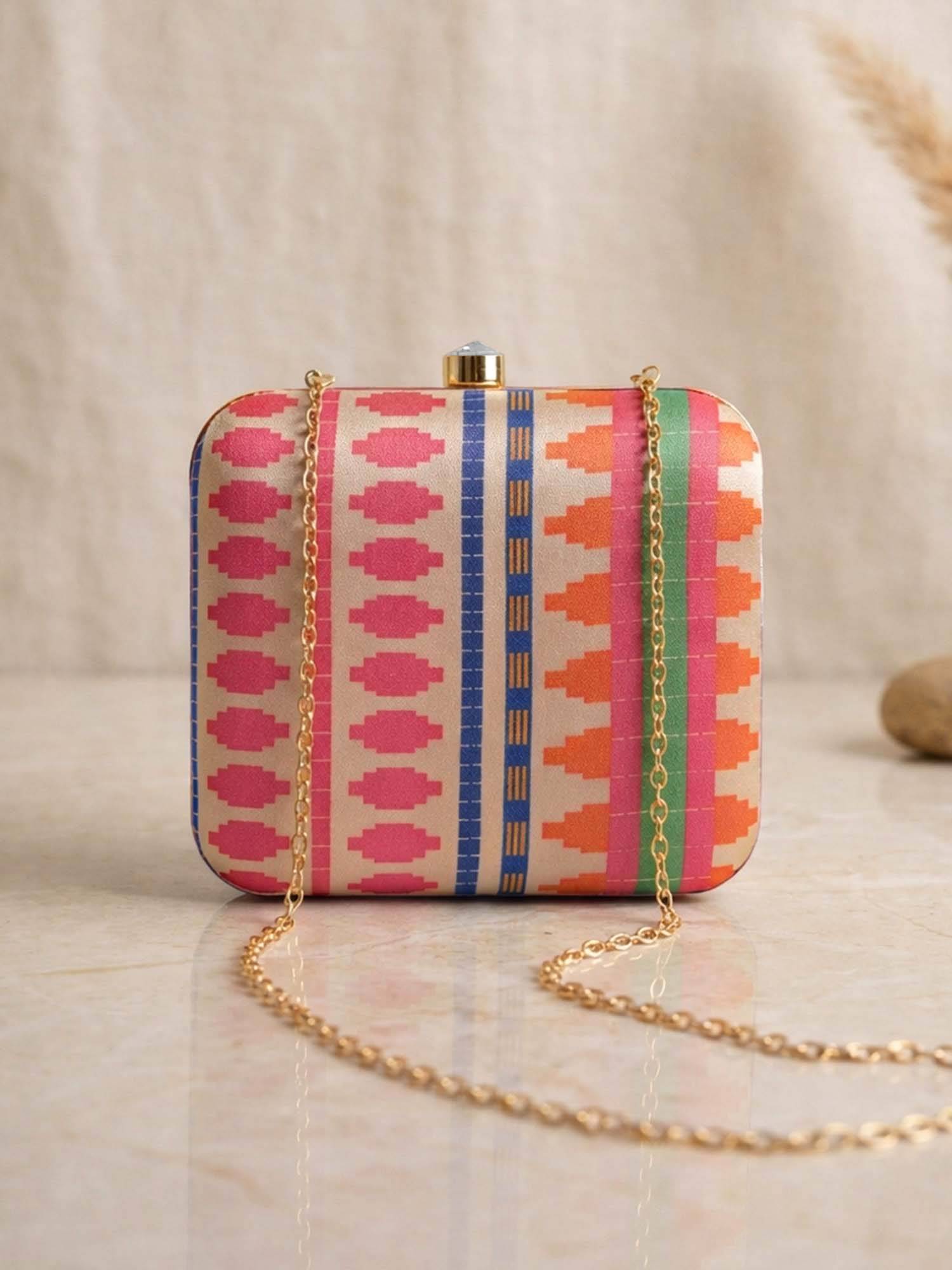 ARTKLIM Ethnic Multicolor Printed Embroidered Clutch For Women With Detachable Strap