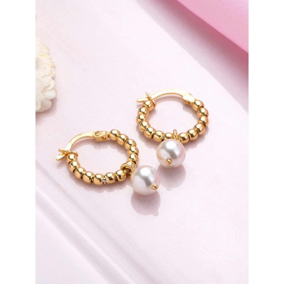 Rose gold deals pearl hoop earrings