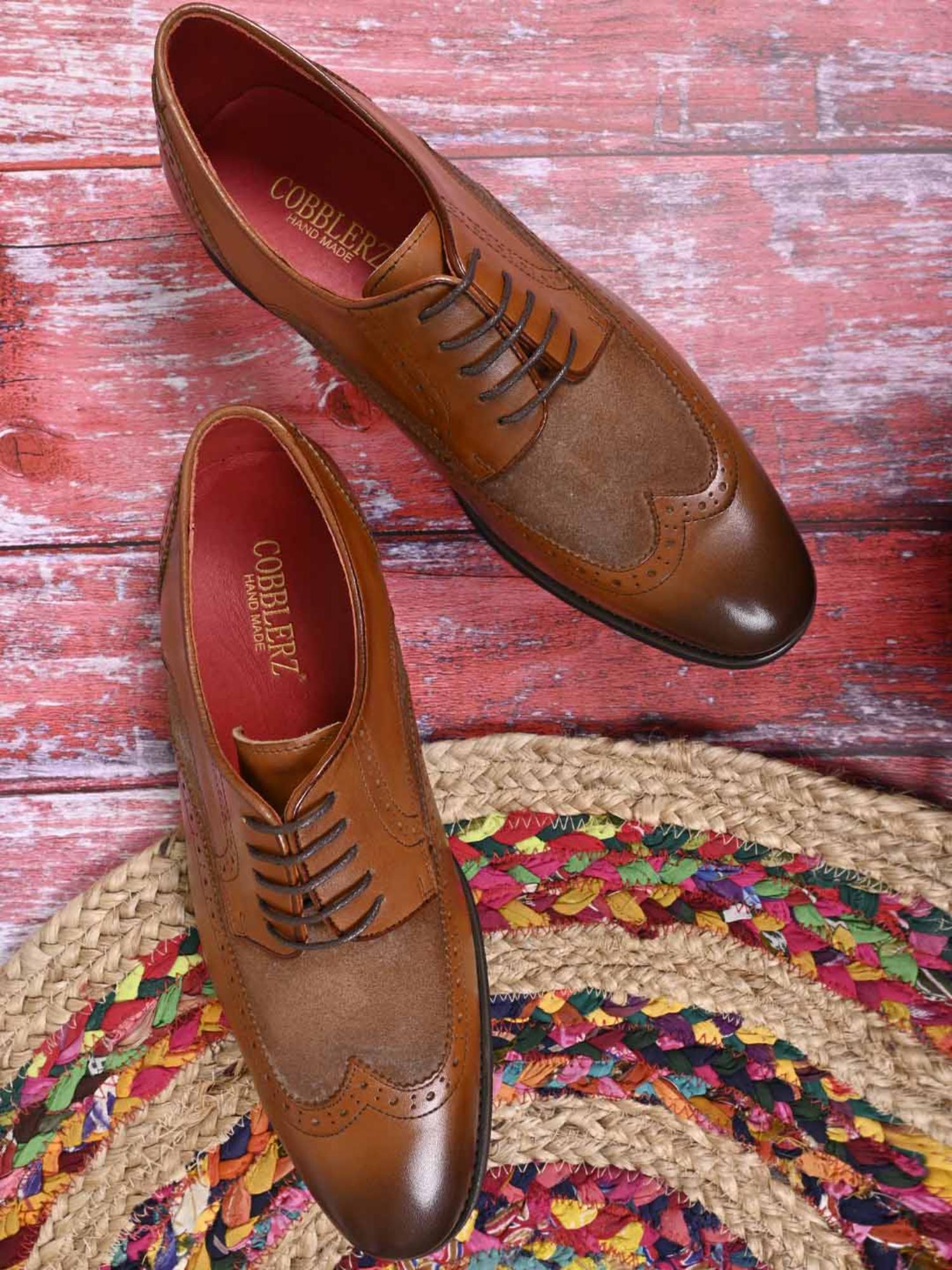 Buy Cobblerz Men Tan Wingtip Colourblock Derbies Online