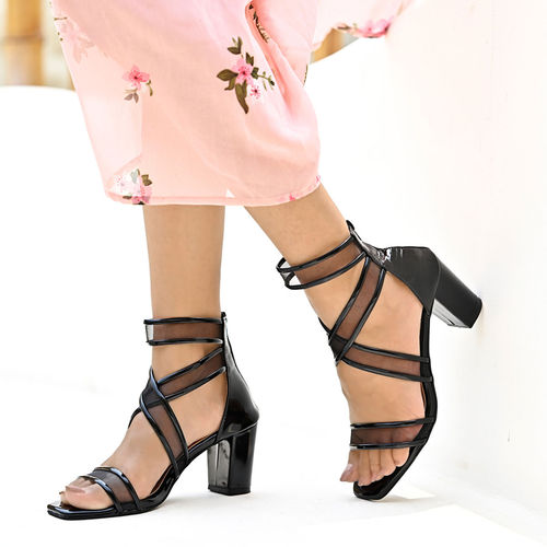 Buy Shoetopia Patent Multi Cross Strap Black Block Heeled Sandals