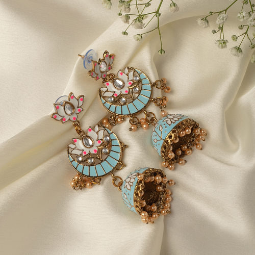 Indian Ethnic Gold Plated Pearl Turquoise Blue Traditional Meenakari Earrings