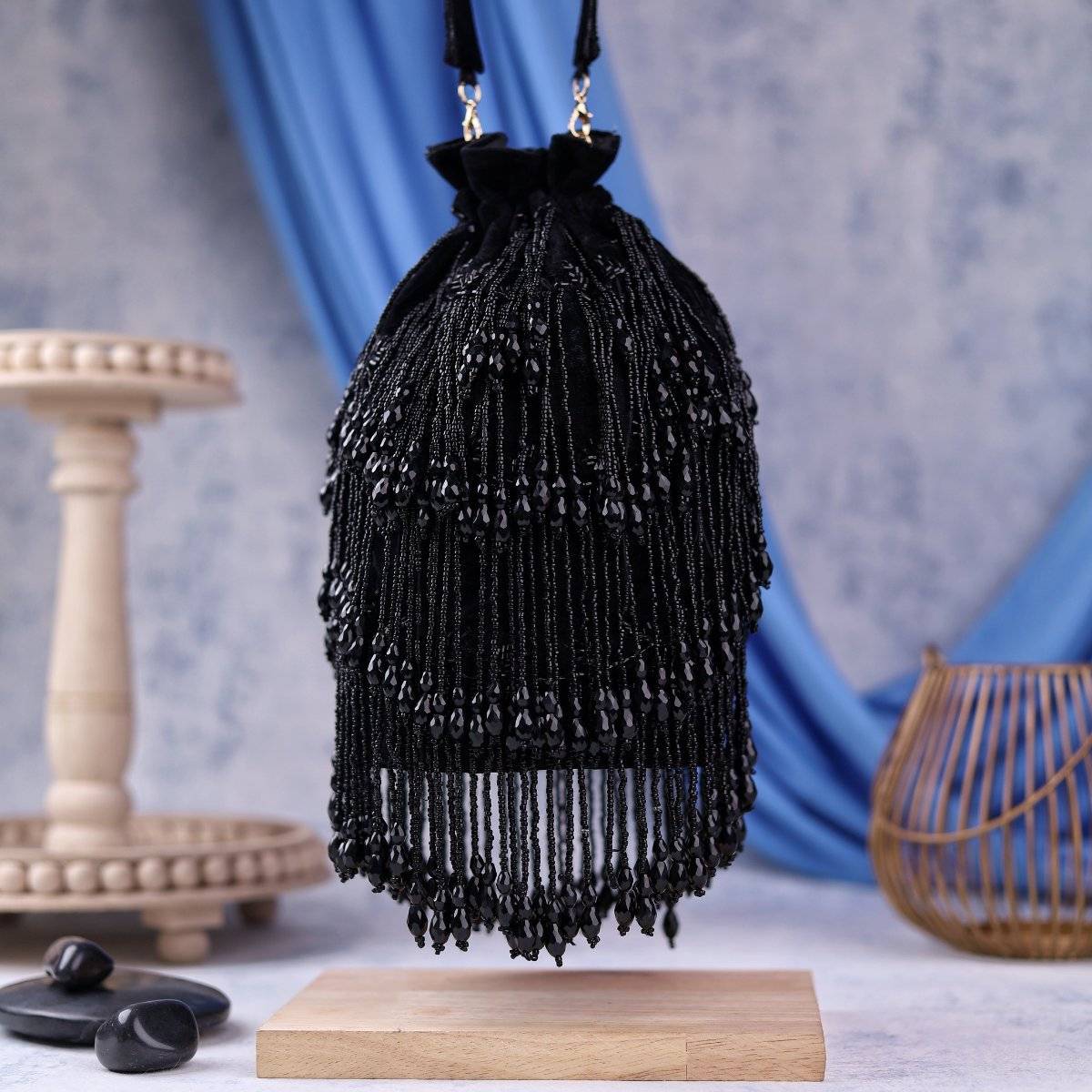 sugarcrush Embellished Black Potli Bag with Tassels