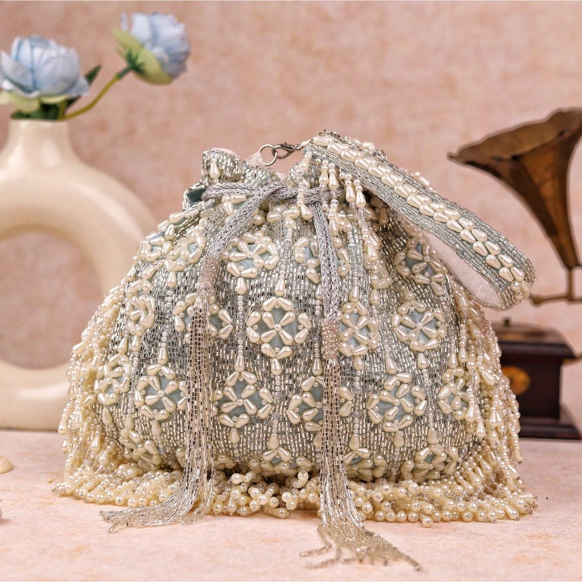 sugarcrush Off White Sequence Work with Tassel Potli Bag