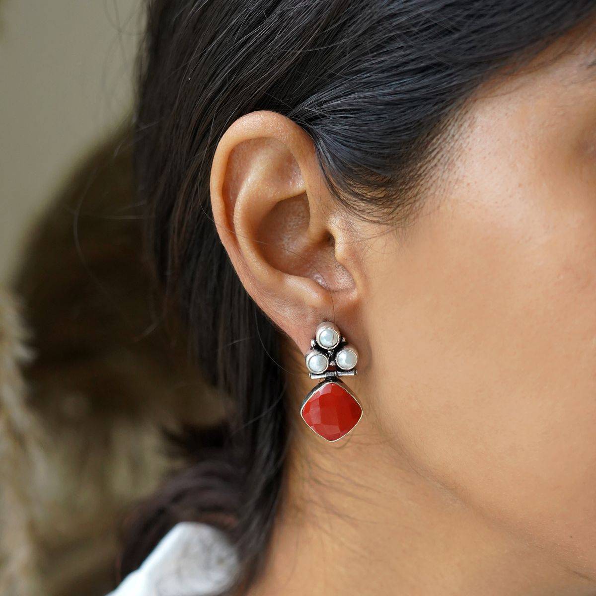 Teejh Delisha Red Stone Silver Oxidised Stud Earrings for Women