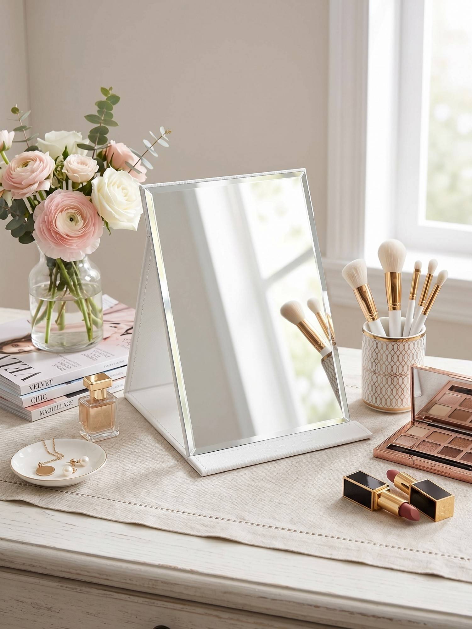 YELONA White Compact Foldable Vanity Hd Clarity & Adjustable Stand Mirror