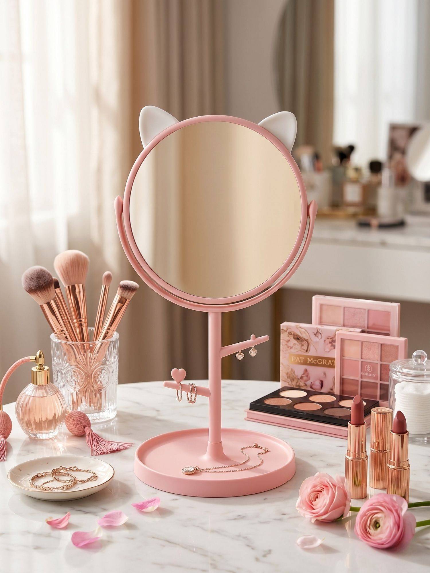 YELONA Pink Compact Cat-Ear 360degree Rotating Hd Vanity Makeup Mirror With Organizer