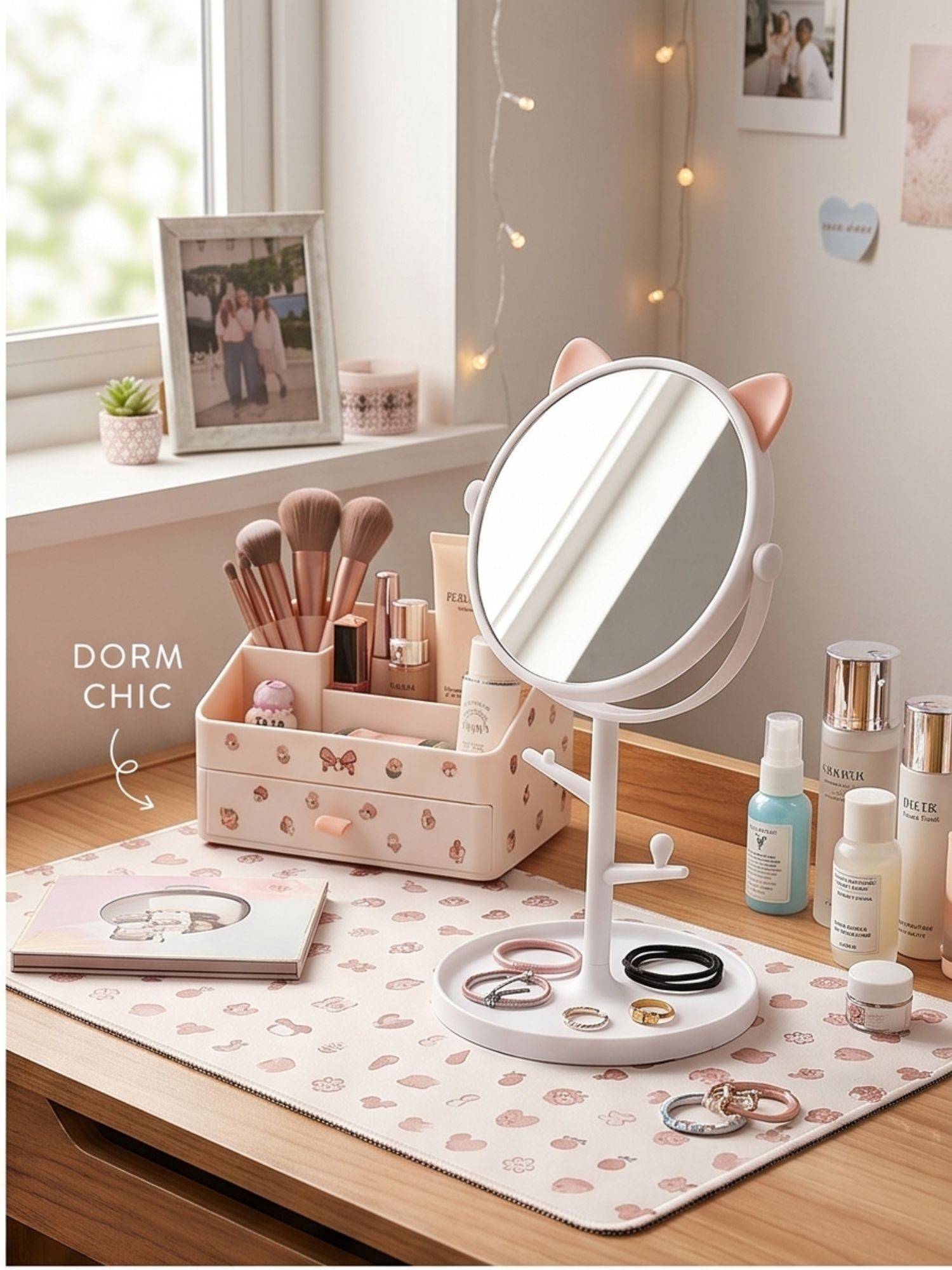 YELONA White Compact Cat-Ear 360degree Rotating Hd Vanity Makeup Mirror With Organizer