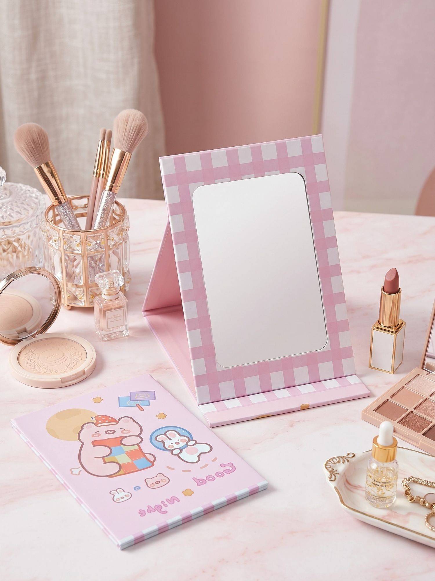 YELONA Pink Portable & Foldable Cute Gingham Compact Vanity Makeup Mirror