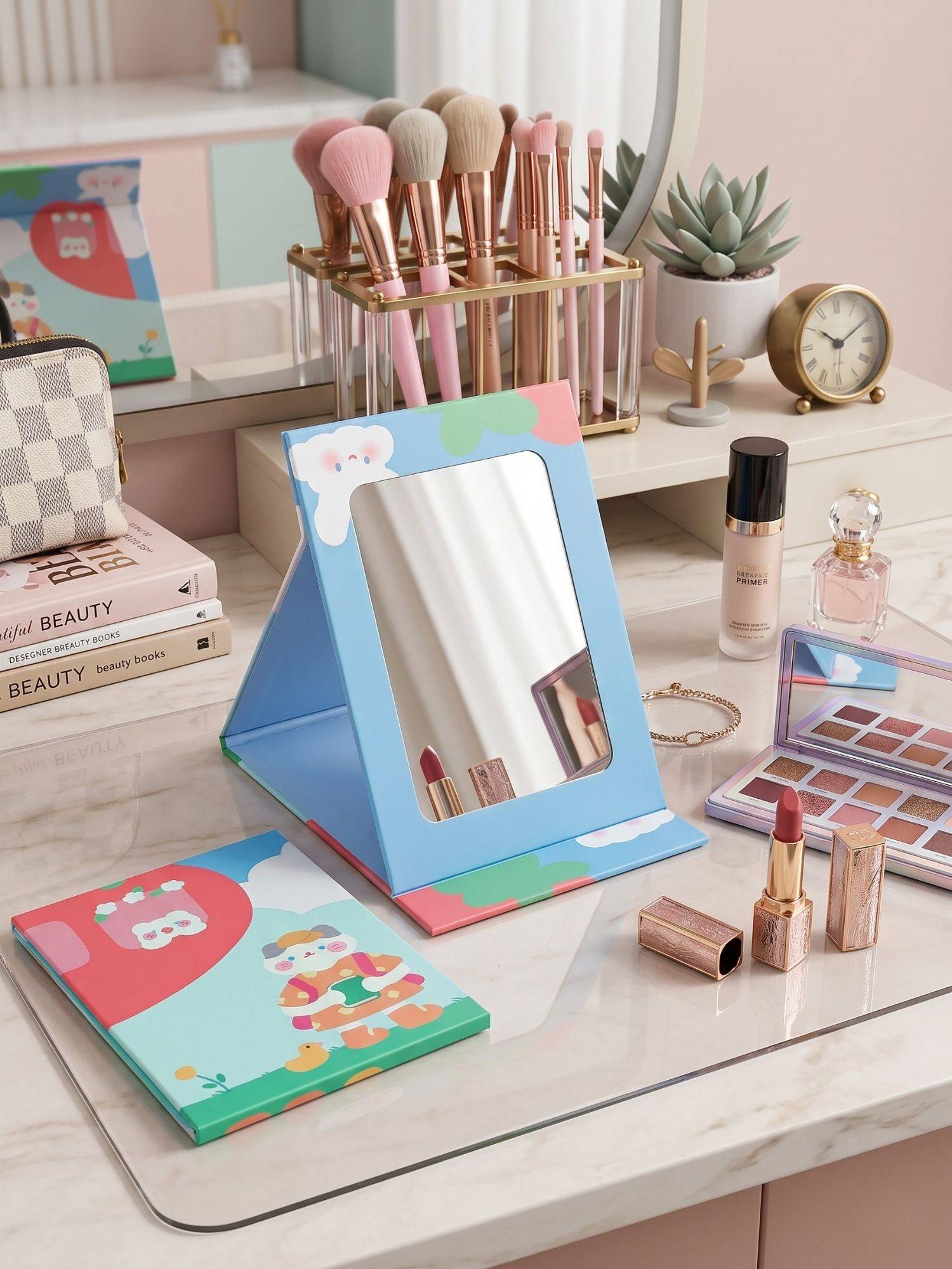 YELONA Blue Cloud & Bear Printed Compact & Foldable Vanity Makeup Mirror
