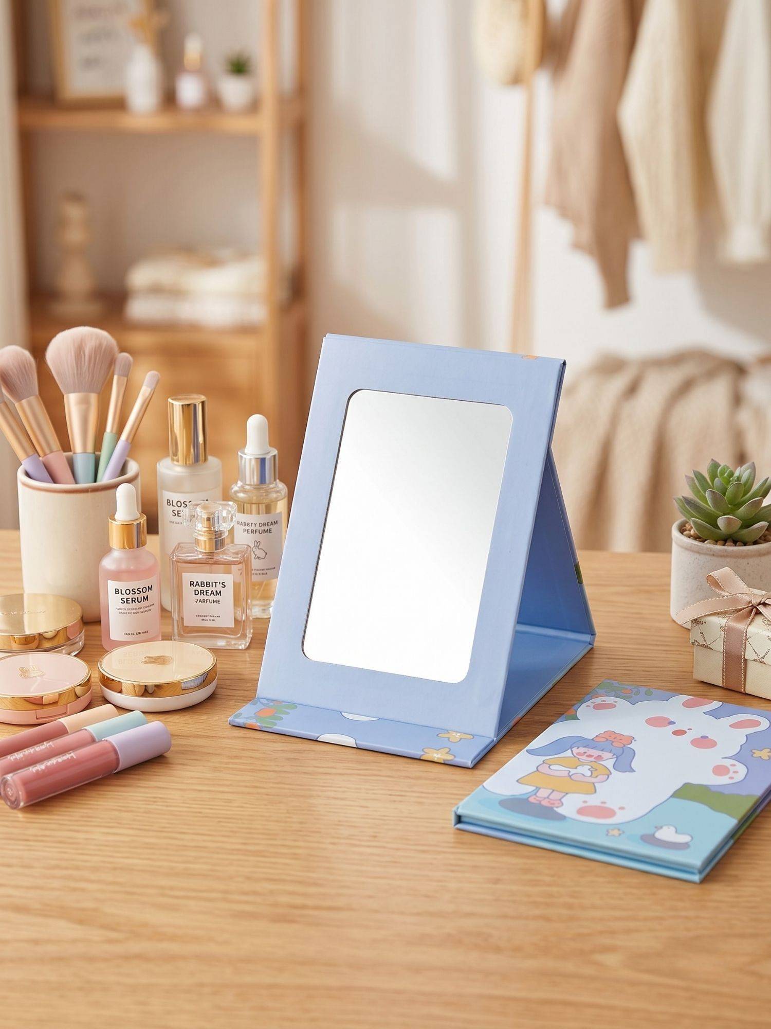 YELONA Blue Cute Bunny Girl Printed Foldable Vanity Makeup Mirror