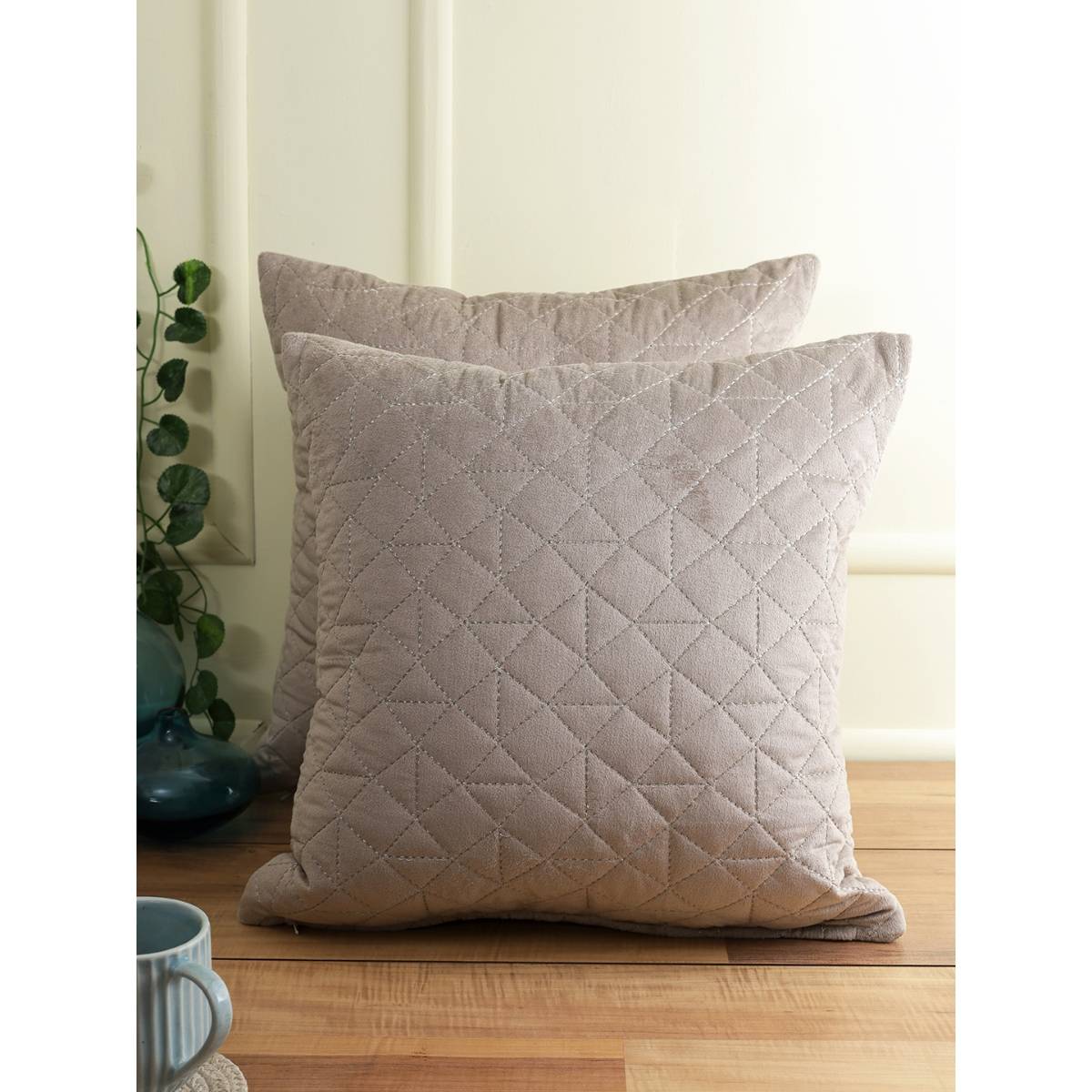 eyda Super Soft Velvet Grey Set Of 2 Quilted Cushion Cover-18X18 Inch
