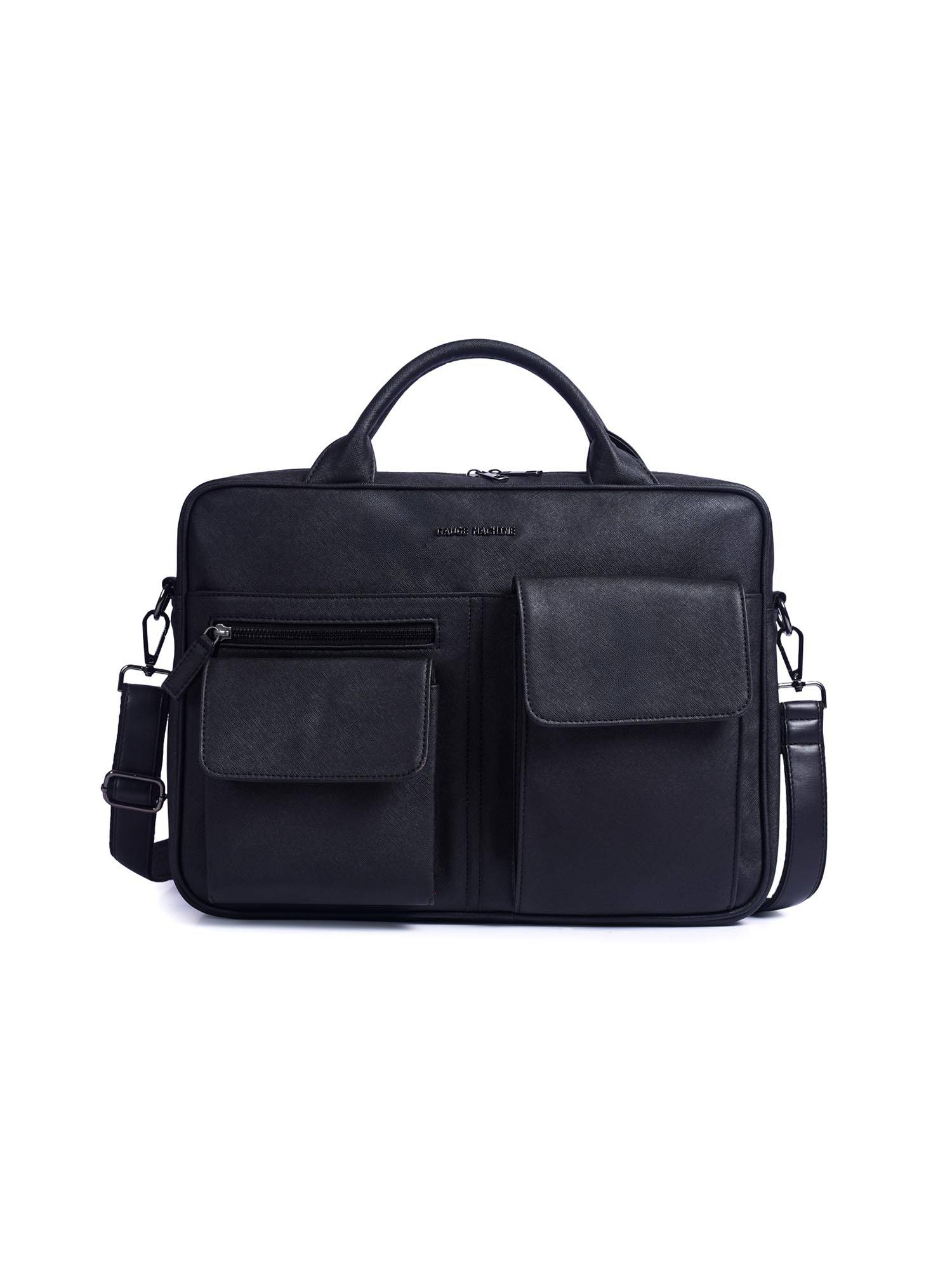 Gauge Machine Mens Black 16 Inch Vegan Leather Laptop Bag With Detachable Strap