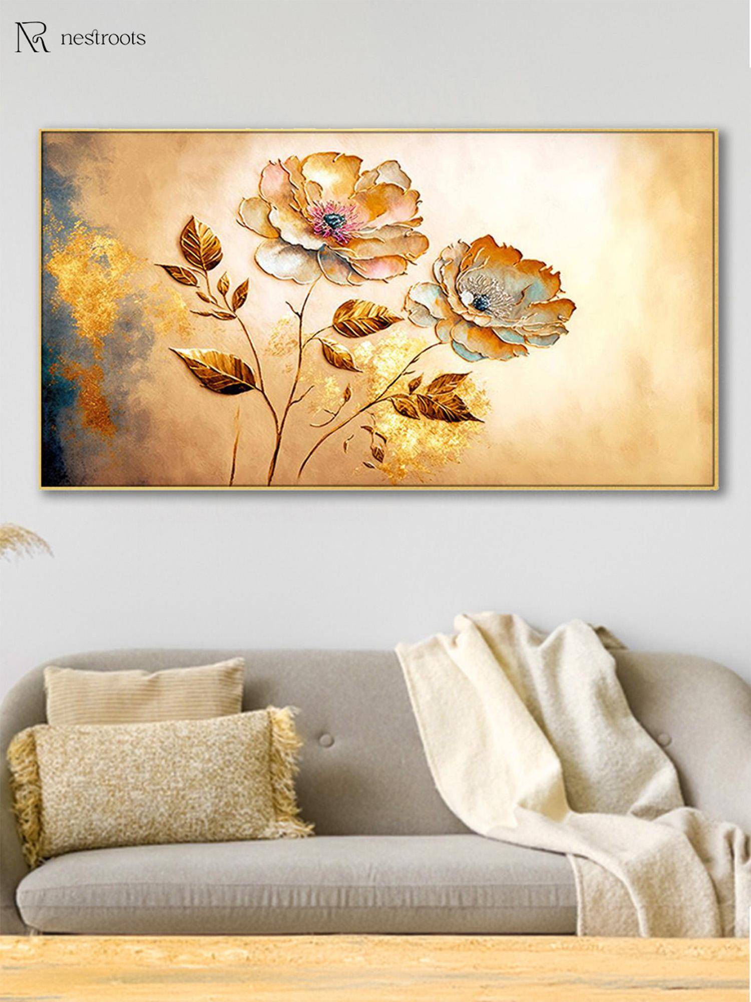 Nestroots Vibrant Flowers On Golden Canvas Wall Painting