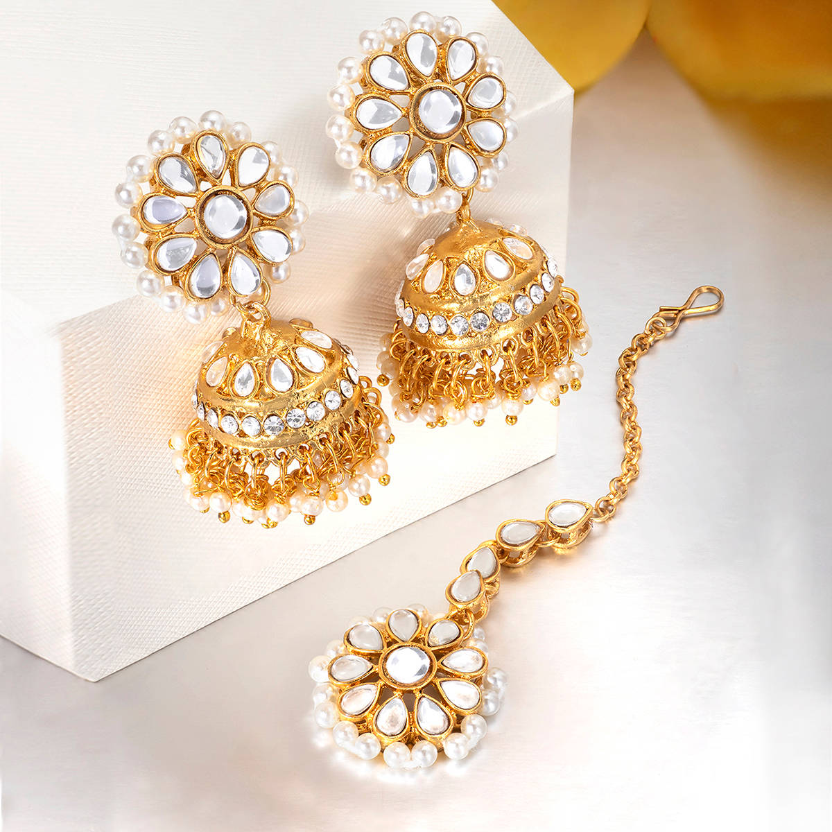 Peora Gold Plated Kundan Pearl Jhumki Earrings & Maang Tikka Traditional Jewellery Set (PF24ET4152W)