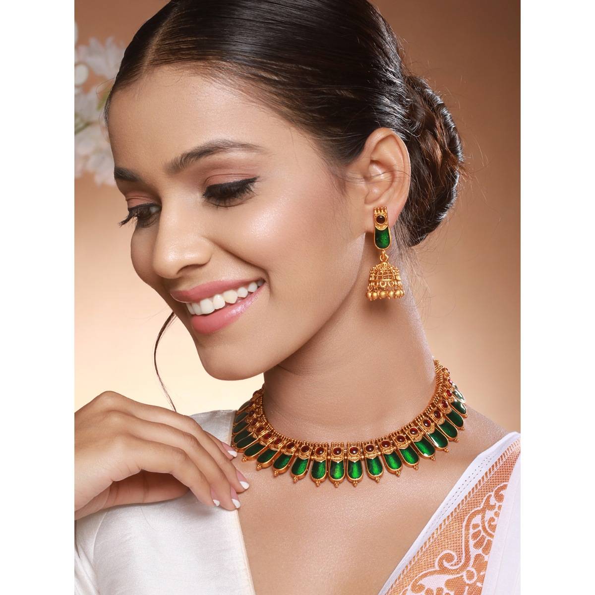 Saraf RS Jewellery Gold Plated Traditional Green Nagapadam Necklace Jewellery Set (Onesize)