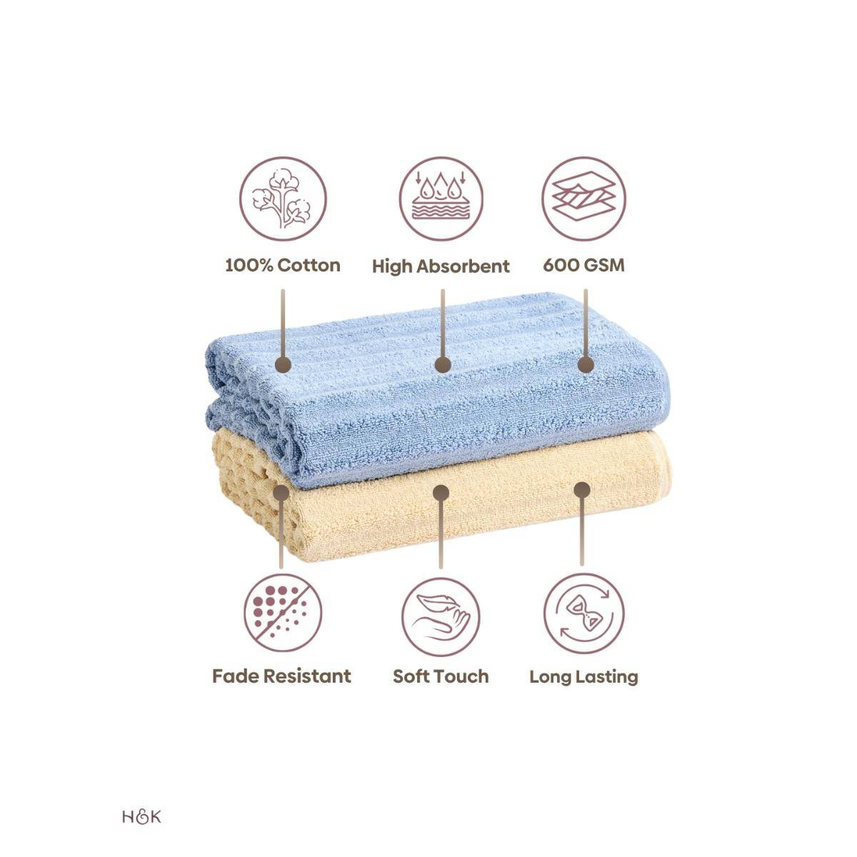 Haus & Kinder 100% Cotton Allure Zero Twist Bath Towel- Beige, Dusty Blue (Pack of 2)