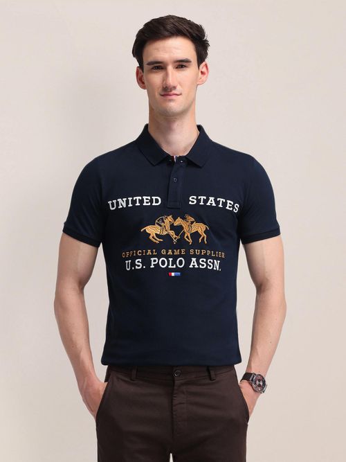 POLO Mens Navy Blue Typography Polo T-Shirt