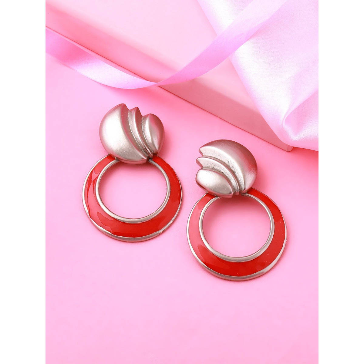 Estele Rhodium Plated Leaf Shaped Earrings with Enamel for Women