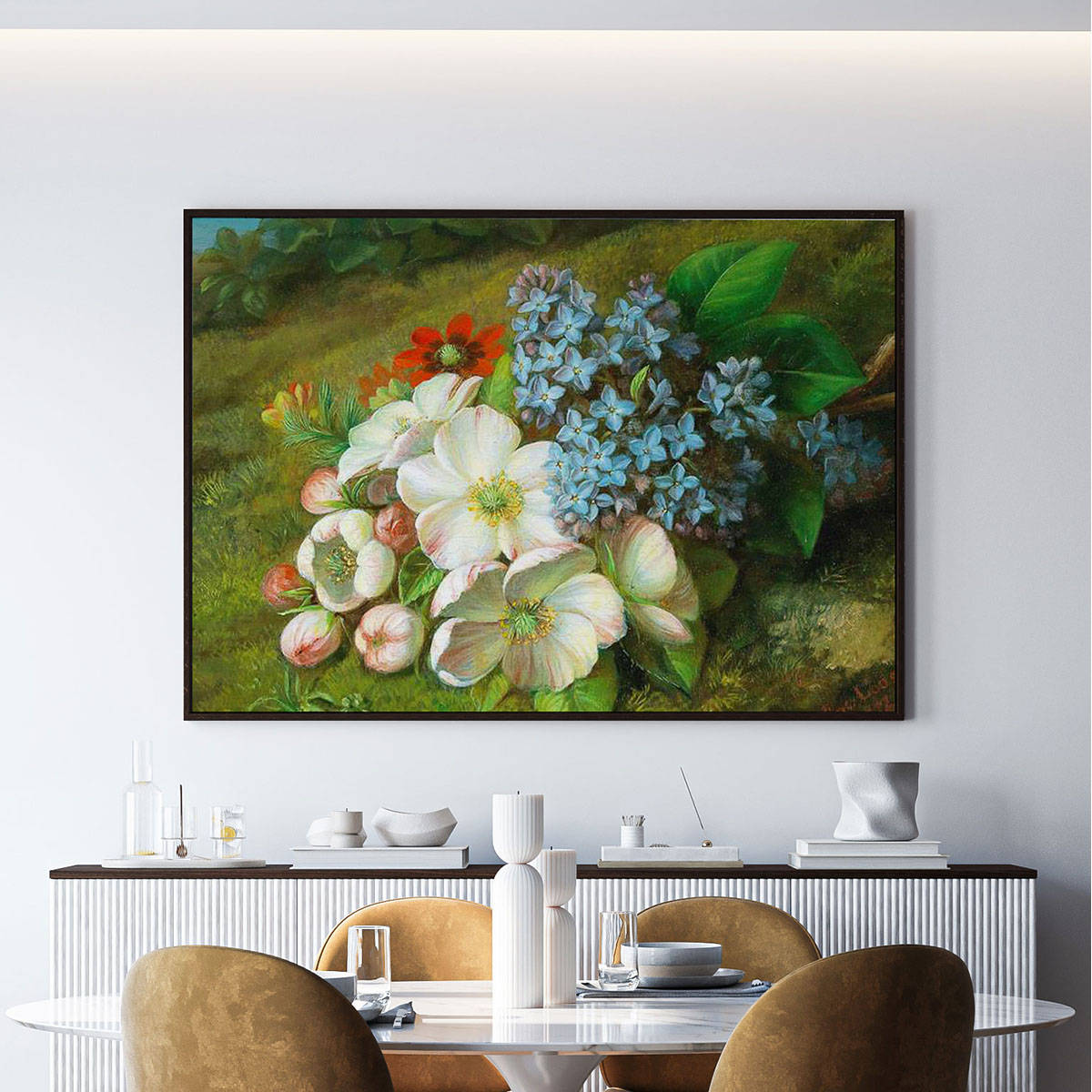 ARTCREST Apple Blossom with Lilacs Painting Black Box Framed Canvas