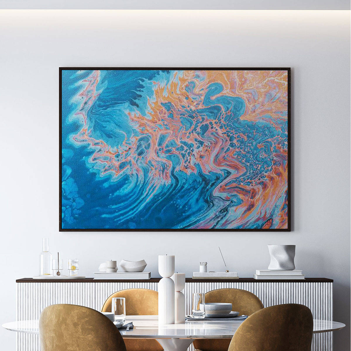 ARTCREST Deep Blue Orange Fluid Art Painting Black Box Framed Canvas