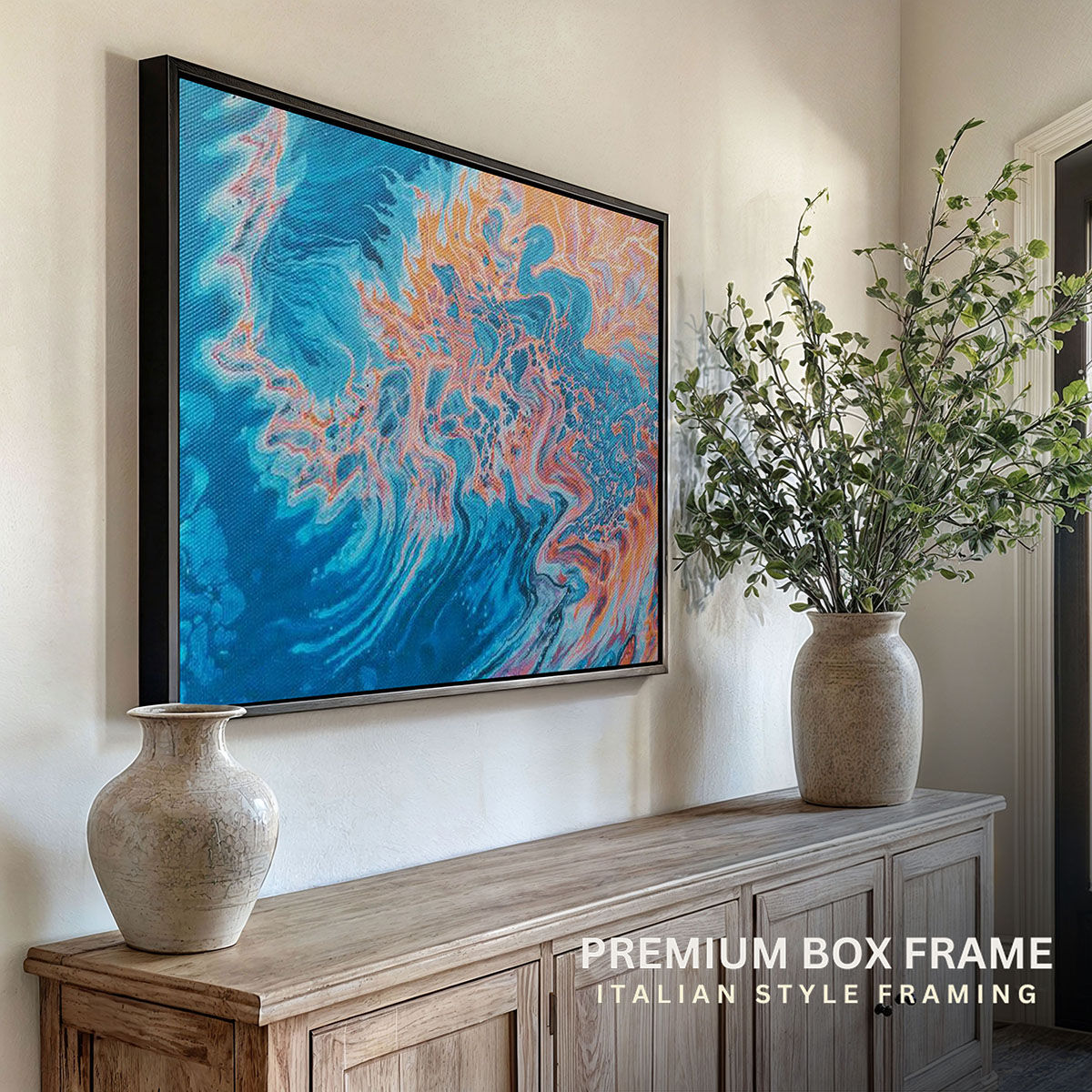 Buy ARTCREST Deep Blue Orange Fluid Art Painting Black Box Framed