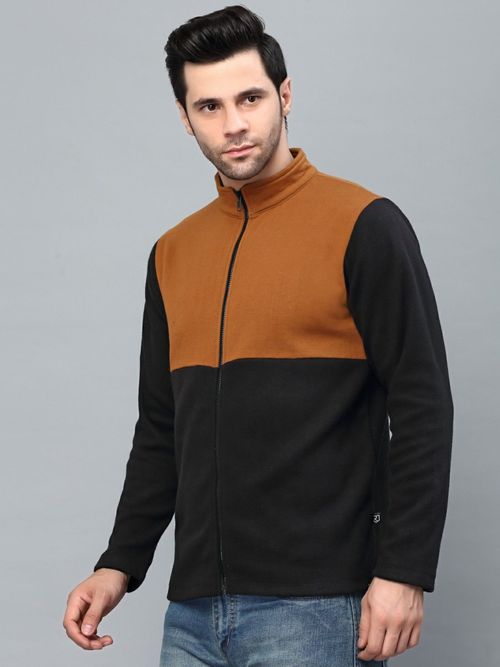 RIGO Men Black Color Blocked High Neck Polar Fleece Jacket