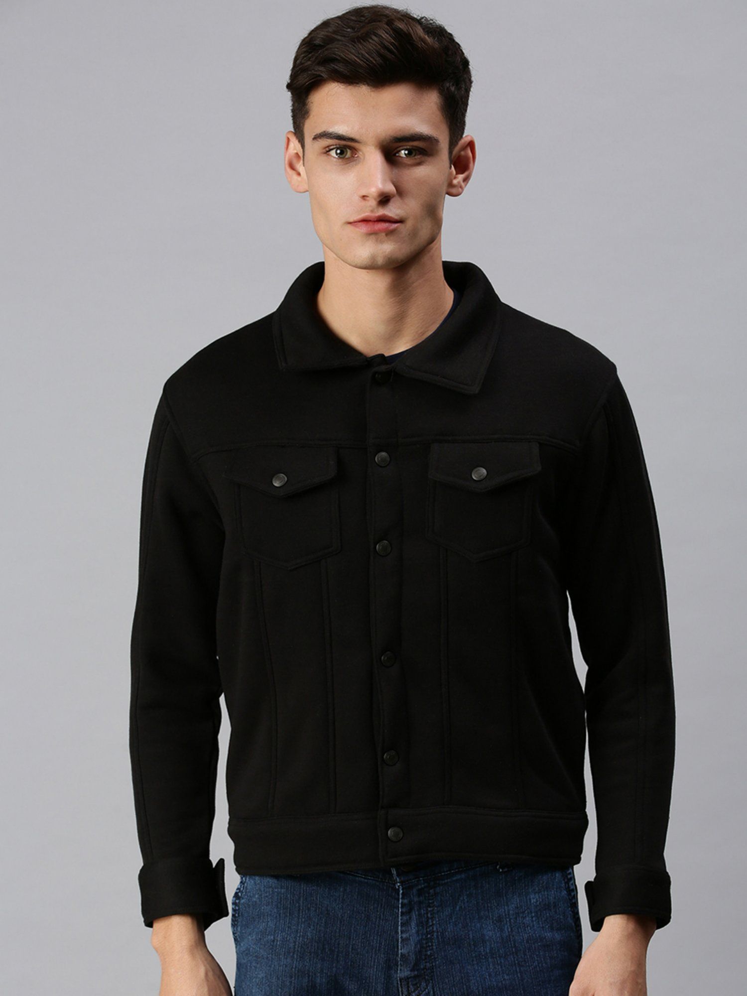 Buy SHOWOFF Men Casual Cotton Front Open Black Jacket Online