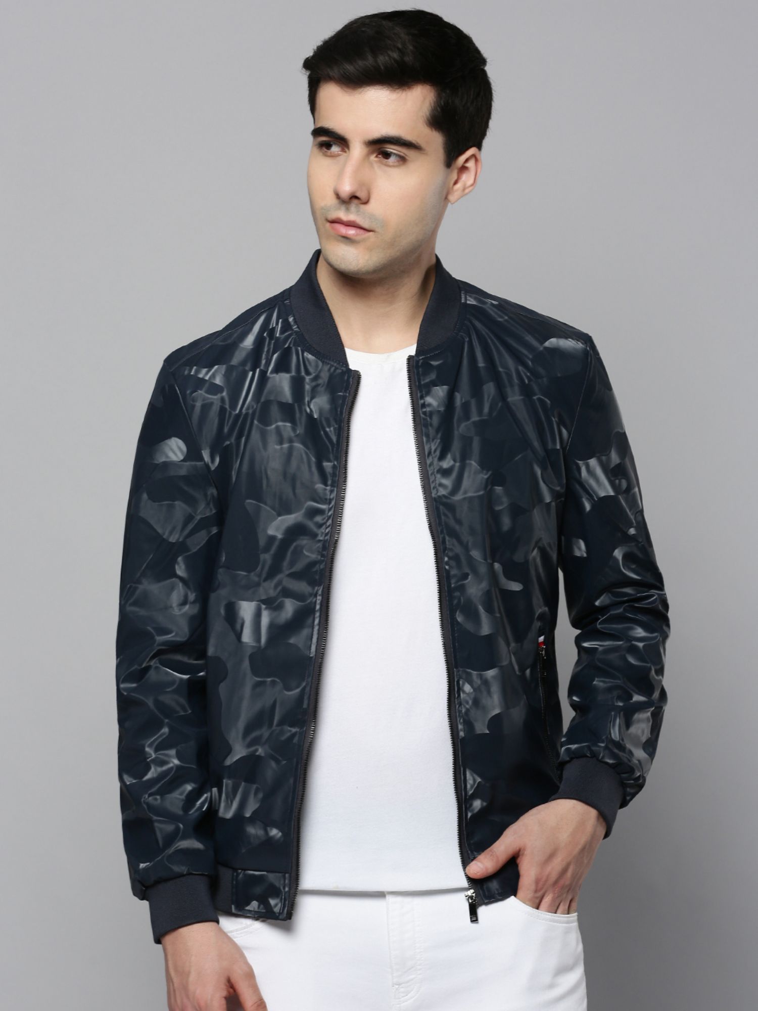 Buy SHOWOFF Mens Mandarin Navy Blue Solid Leather Jacket Online