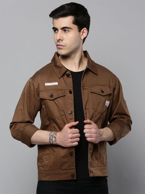 SHOWOFF Mens Spread Collar Camel Brown Solid Open Front Jacket