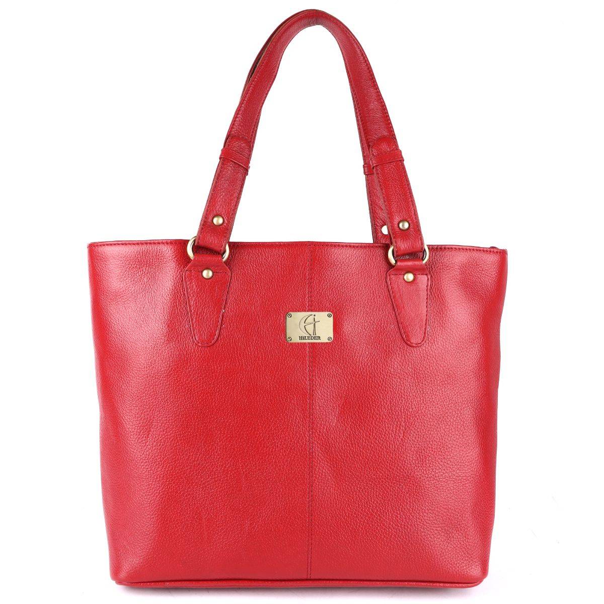 HiLEDER Women Red Pure Natural Leather Tote Bag with Detachable Strap (M)