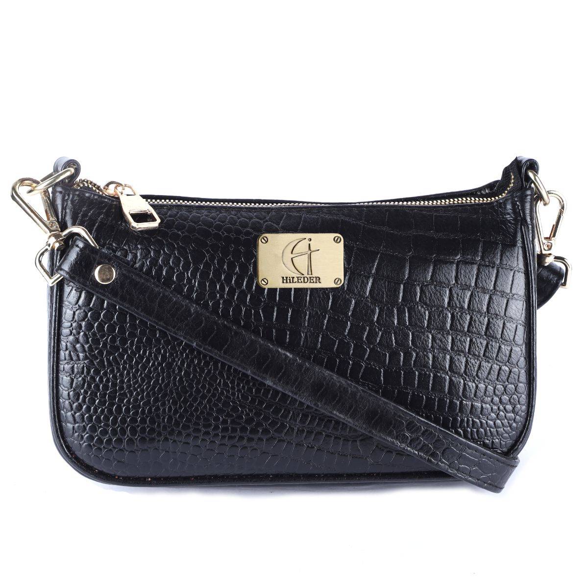 HiLEDER Women Black Leather Crossbody Sling Bag (M)