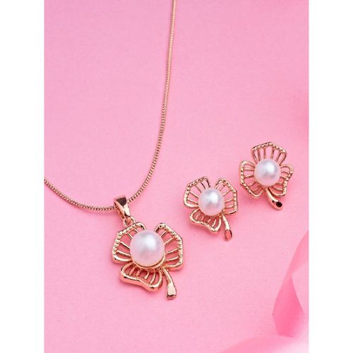Buy Estele Rose Gold Plated Flower Shaped Pendant Set with Pearl
