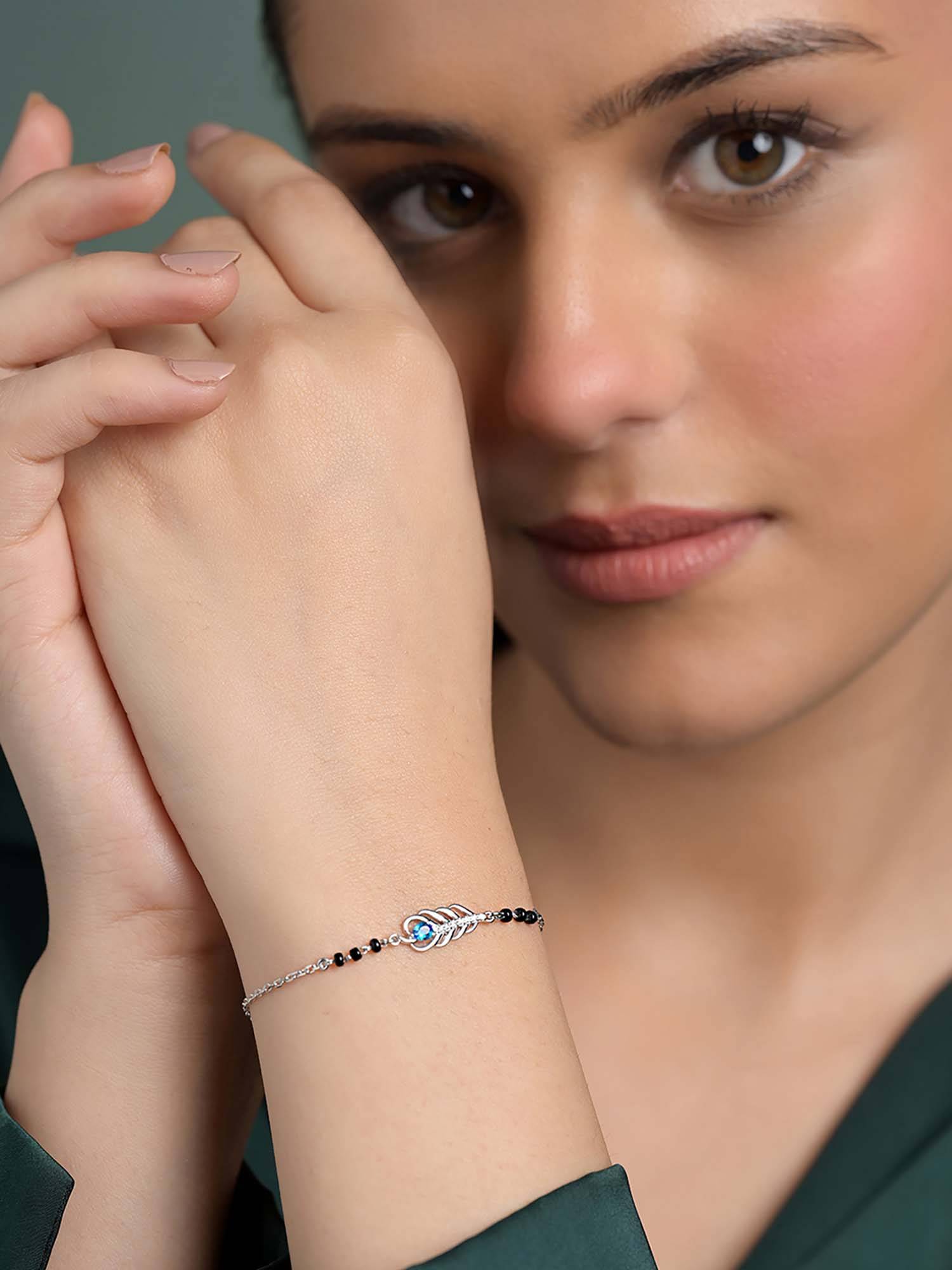 CLARA Blue 925 Hiya Morpankh Hand Mangalsutra Adjustable Bracelet with Black Beads Chain