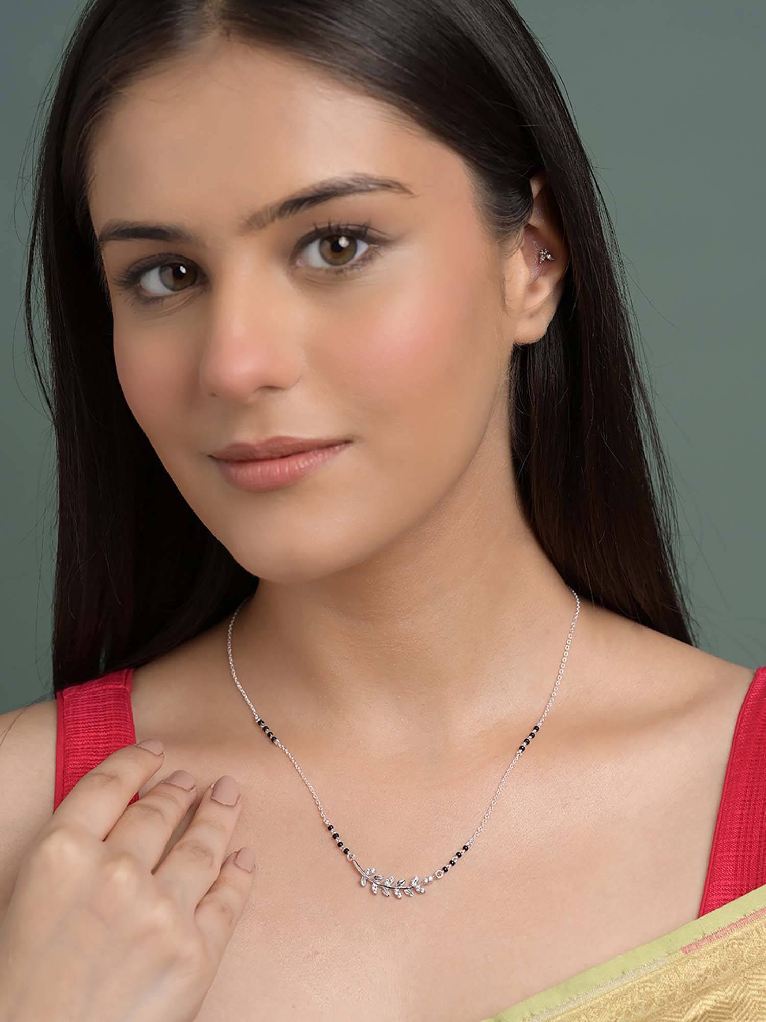 CLARA White 925 Silver Rimsha Leafy Mangalsutra Tanmaniya Pendant with Black Beads Chain