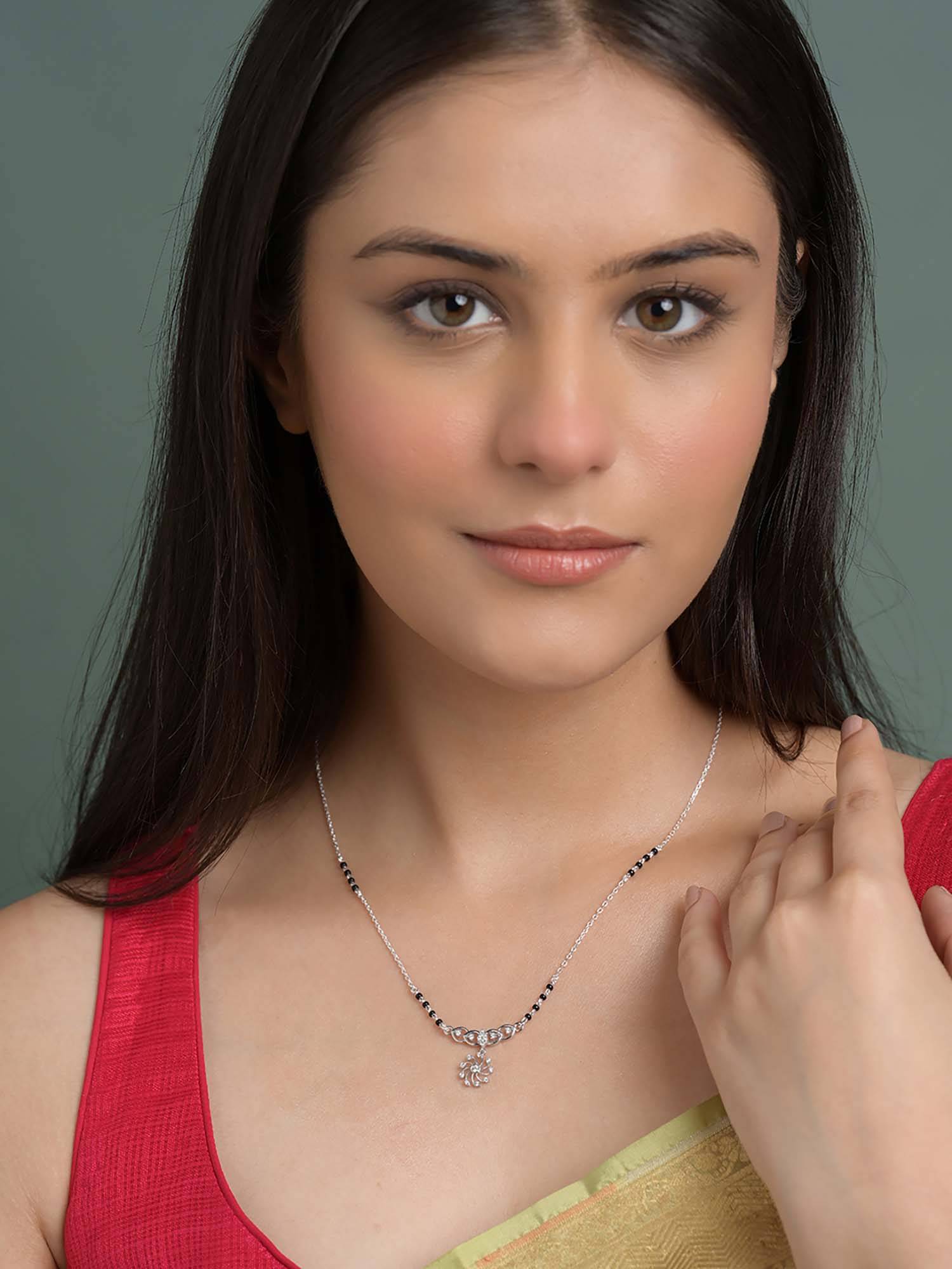 CLARA White 925 Silver Pranavi Mangalsutra Tanmaniya Pendant with Black Beads Chain