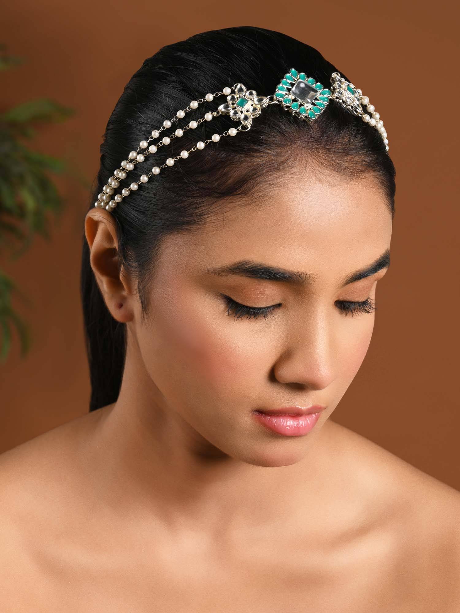 I Jewels Gold Plated Green Kundan Studded Sheesh Patti
