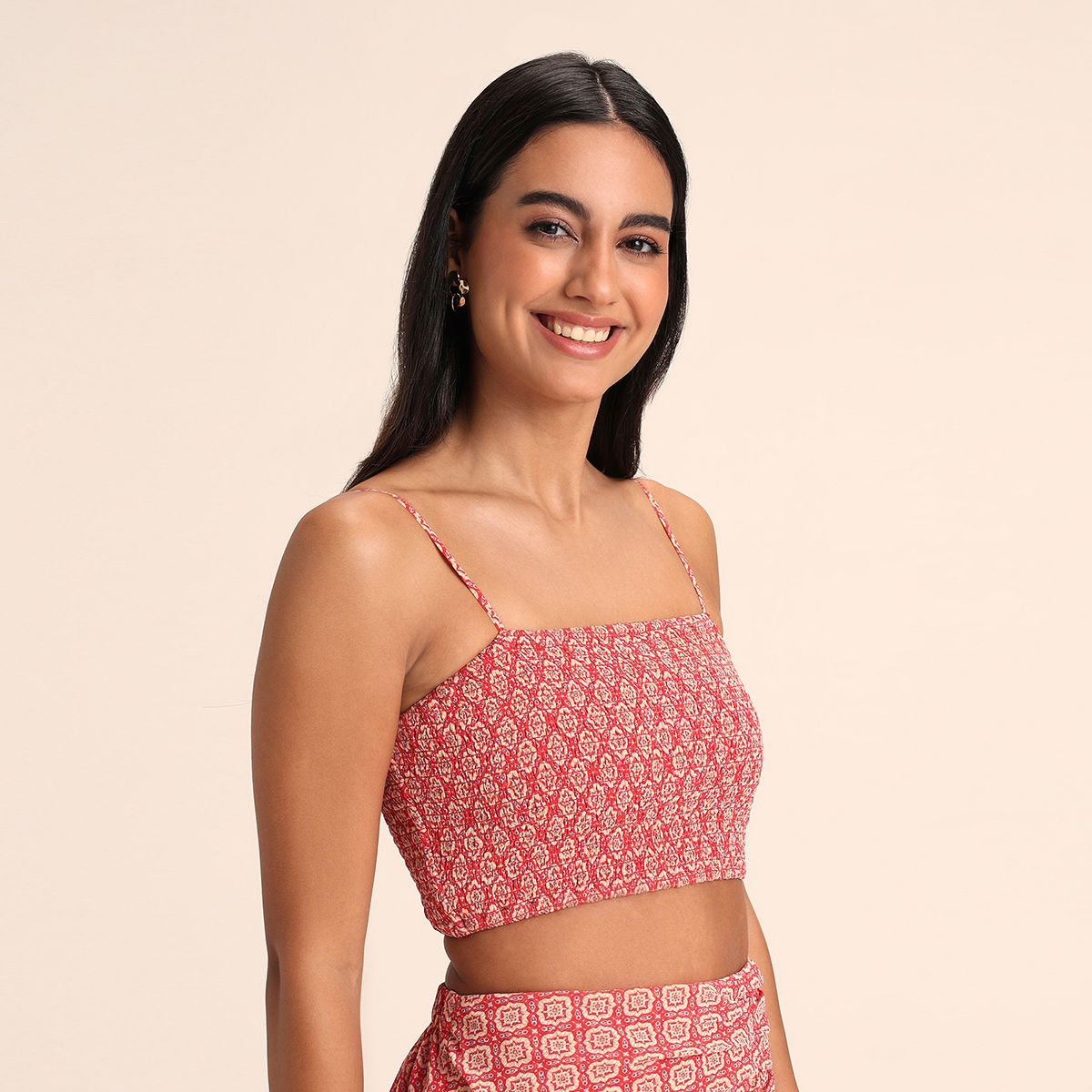 Twenty Dresses By Nykaa Fashion Red Geometric Smocked Crop Top Buy