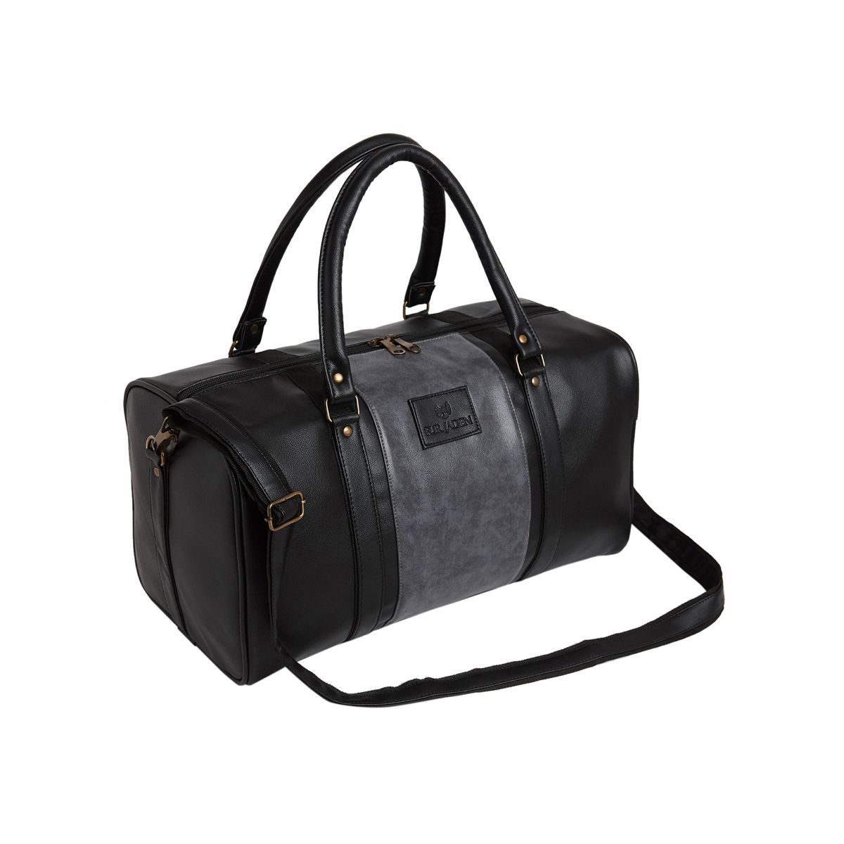 FUR JADEN Faux Leather 25L Black & Grey Weekender Travel Duffle Bag ...